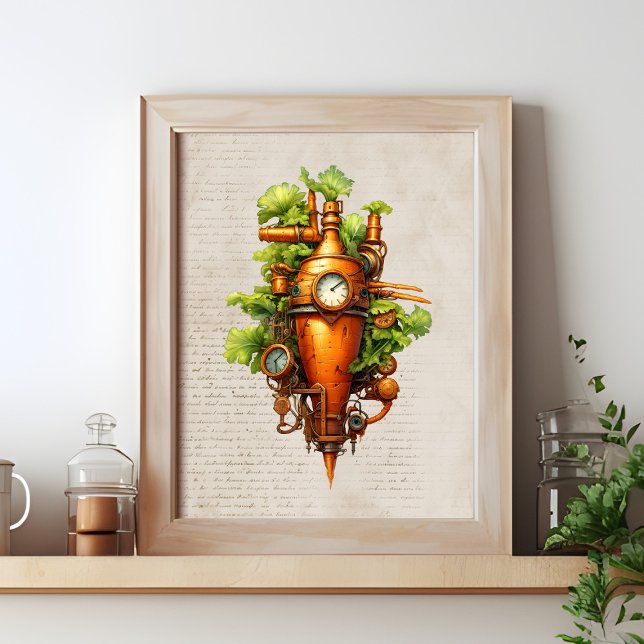 Affiche Cuisine Steampunk art, Carotte (Steampunk wall art shown in a frame on a kitchen shelf)