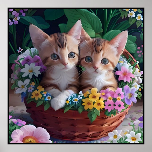 Affiche Cuisinement Cute Kittens dans un panier à fleurs (Devant)