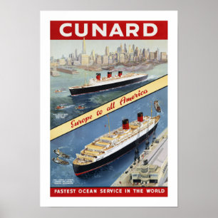 Affiche Cunard l'Europe vers la toute l'Amérique