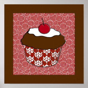 Affiche Cupcake au Chocolat sur Motif Rouge et Blanc