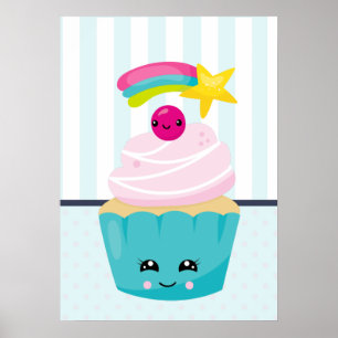 Affiche Cupcake bleu mignon avec visage Kawaii