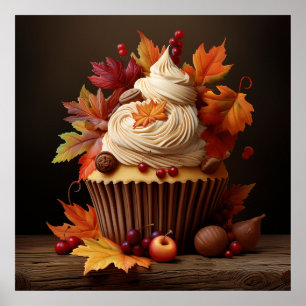 Affiche Cupcake d'automne aux feuilles d'automne colorées