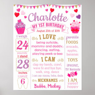 Affiche Cupcake Hearts First Birthday board pour une fille