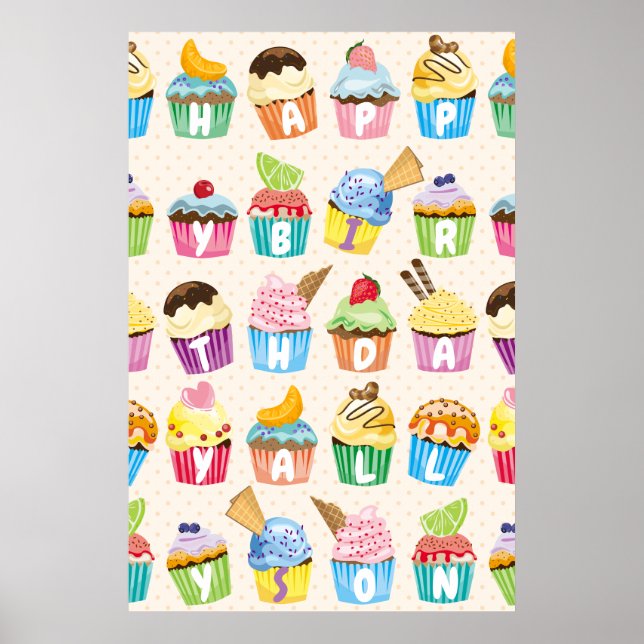 Affiche Cupcakes Happy Birthday Ajouter Votre Nom Goodies  (Devant)