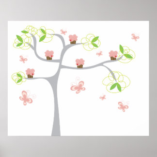 Affiche Cupcakes Whimsical Tree Butterflies Sweet Birthday