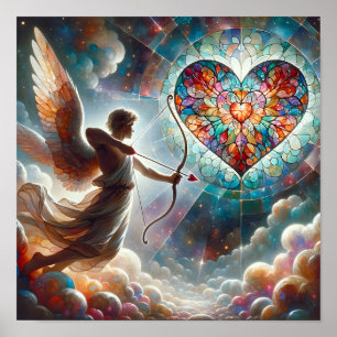 Affiche Cupidon tirant sa flèche sur un coeur de verre ten