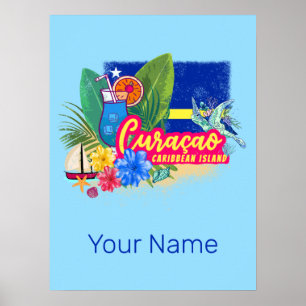 Affiche Curacao retro caribbean island with turtle vintage