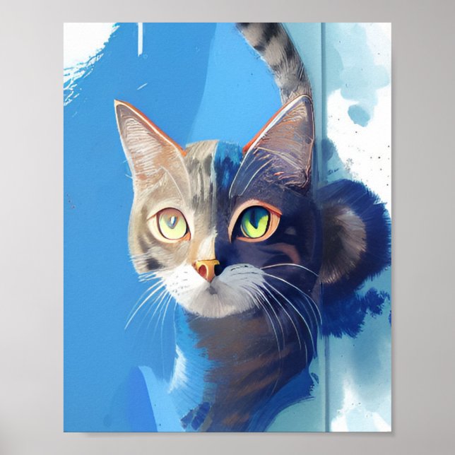Affiche Curieux chat art abstrait du bleu (Devant)