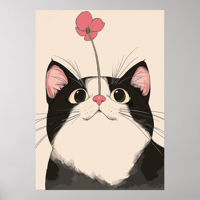 Affiche Curieux chat avec une fleur (Devant)