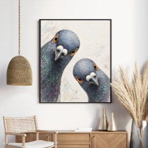 Affiche Curieux Duo de Pigeons Oiseau Graphite Fantaisis