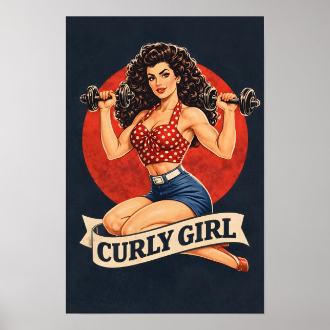 Affiche Curly Girl Weightlifting Hair Pin-Up Retro Gym Art (Devant)