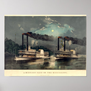 Affiche Currier & Ives, 1890, Une course en bateau à vapeu