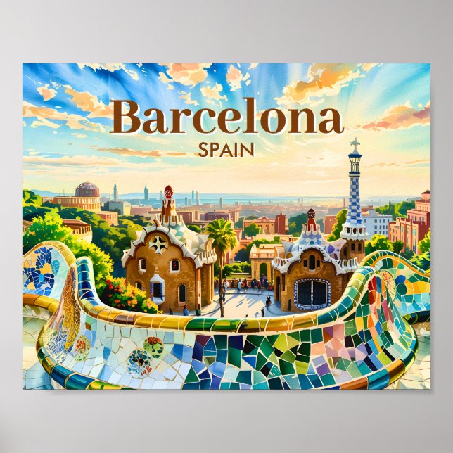 Affiche Custom Barcelona Spain Watercolor Park Guell Retro (Devant)