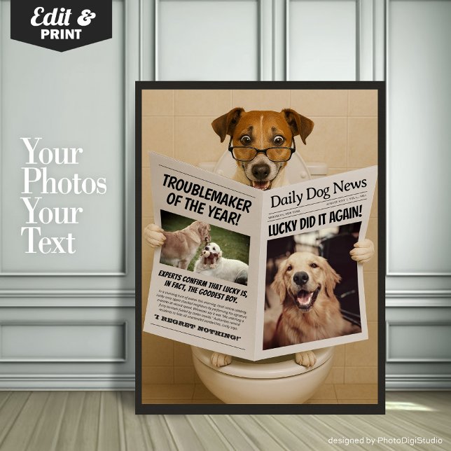Affiche Custom Bathroom Decor, Editable Dog with Newspaper (Custom Bathroom Decor, Editable Dog with Newspaper Poster)