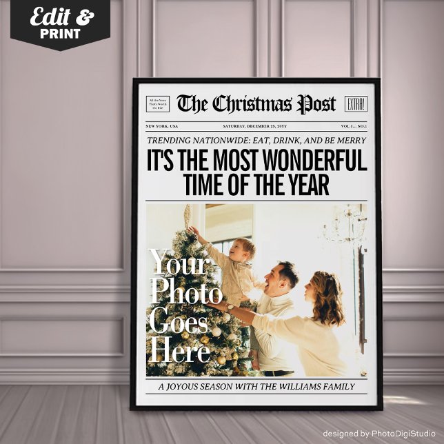 Affiche Custom Christmas Newspaper Decor, Family Christmas (Custom Christmas Newspaper Decor, Family Christmas Poster, The Most Wonderful Time Of The Year)