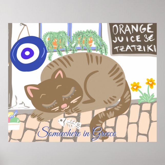 Affiche Custom Greek Taverna Cat Mediterranean Scene (Devant)