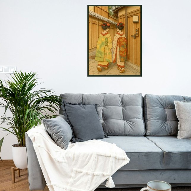 Affiche Custom Japon Voyage Paysage esthétique Geisha (Ishibe alley in Kyoto, Japan. Paper cutting style art.)