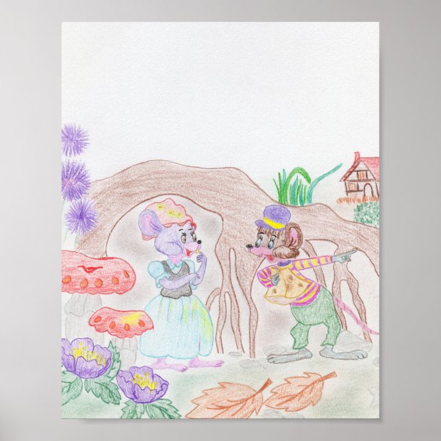 Affiche Custom Kids Artwork, deux mignonnes souris, fleurs (Devant)