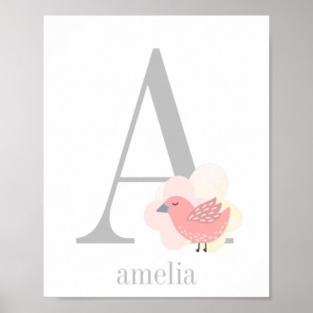 Affiche Custom Monogram Name Pink Bird Girl Nursery (Devant)