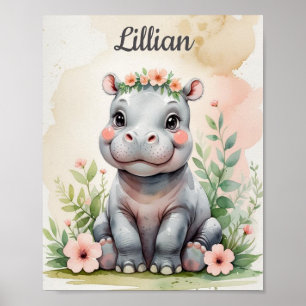 Affiche Custom Safari Aquarelle bébé Hippo Girls Nursery