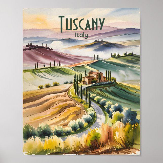 Affiche Custom Tuscany Watercolor Rolling Hills Landscape (Devant)