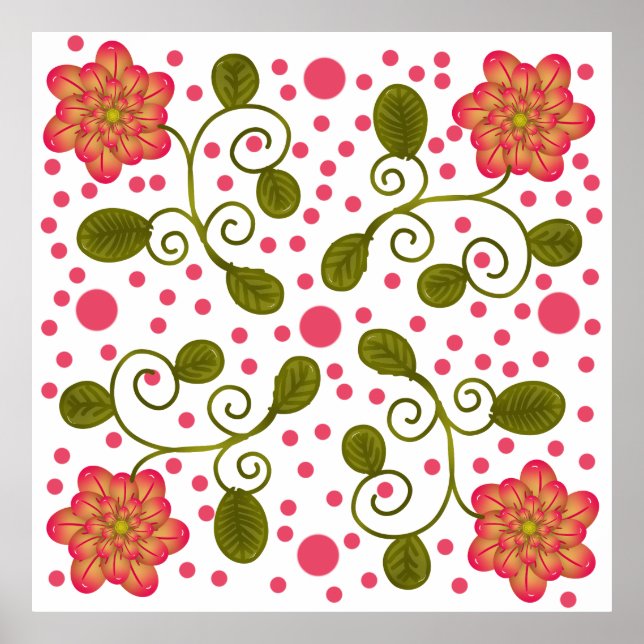 Affiche Custom Whimsical Pink Floral & Polka Dot Pattern (Devant)