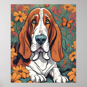 Affiche Cute Ai Basset Hound et Papillon en Fleurs