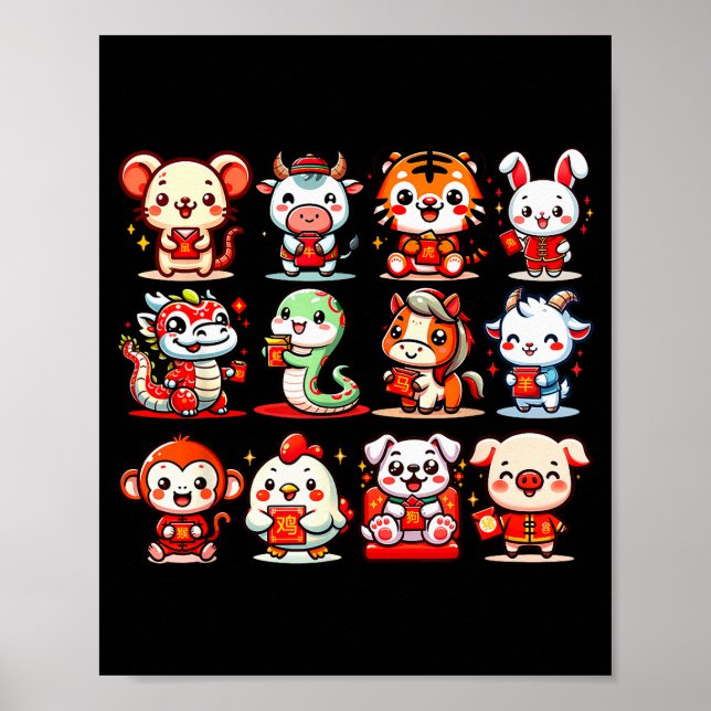 Affiche Cute Animal Twelve Zodiac Signs Celebrate Lunar Ne (Devant)