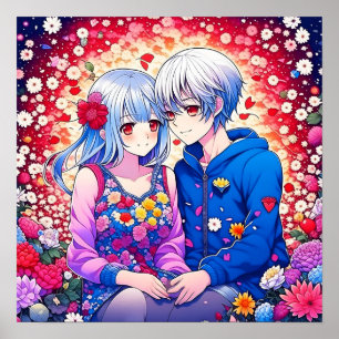 Affiche Cute Anime Couple entouré de Fleurs et Coeur