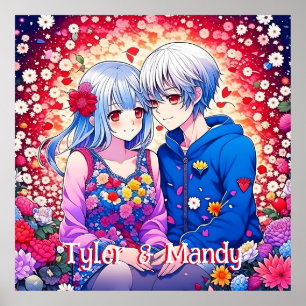 Affiche Cute Anime Couple, Fleurs et Coeurs Personnalisé