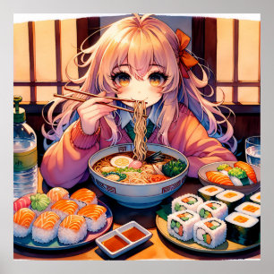 Affiche Cute Anime Girl Manger Ramen et Sushi