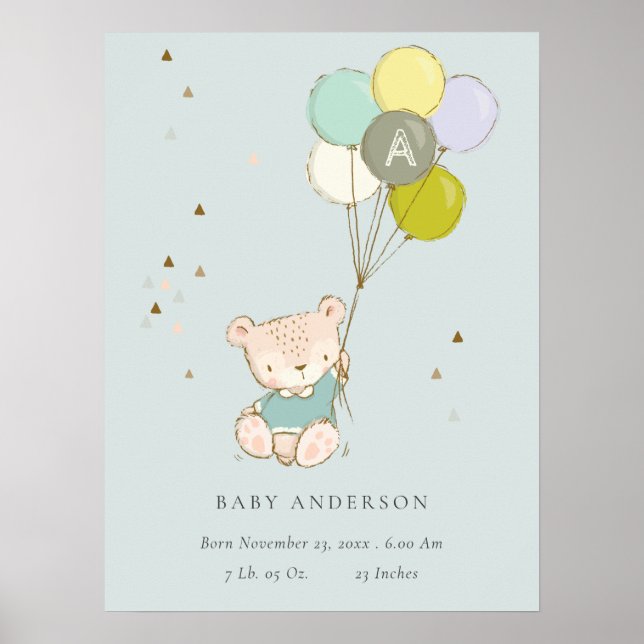 Affiche Cute Aqua Ours Ballon Garçons Monogramme Naissance (Devant)