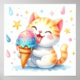 Affiche Cute Aquarelle Chat Manger Crème glacée Whimsical