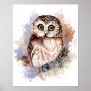 Affiche Cute Aquarelle Chouette Oiseau Art de la nature