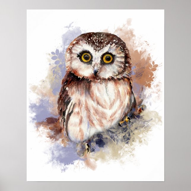 Affiche Cute Aquarelle Chouette Oiseau Art de la nature (Devant)