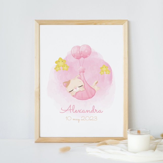 Affiche Cute Aquarelle Dormir Kitten Pink Nursering Art (Créateur téléchargé)