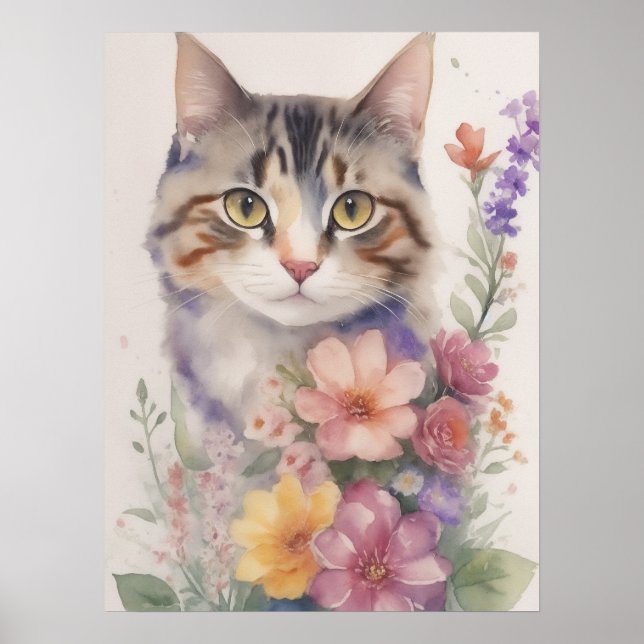 Affiche Cute Aquarelle Florale Chat (Devant)