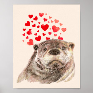 Affiche Cute Aquarelle Otter Coeurs Aimer Humour animal