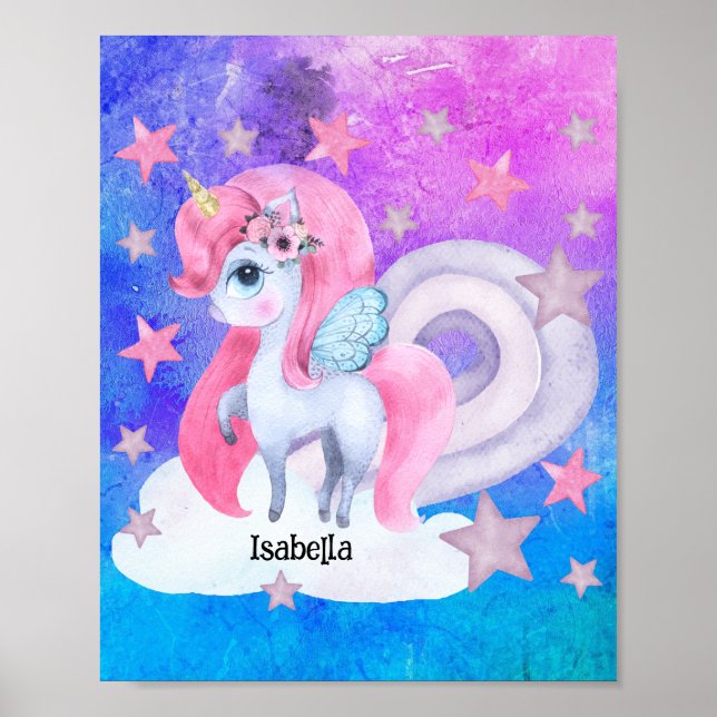 Affiche Cute aquarelle Rainbow Unicorn Personnalisé (Devant)