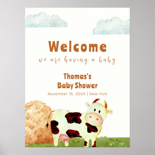 Affiche Cute aquarelle Saint-Vache Baby shower de ferme Bi (Devant)