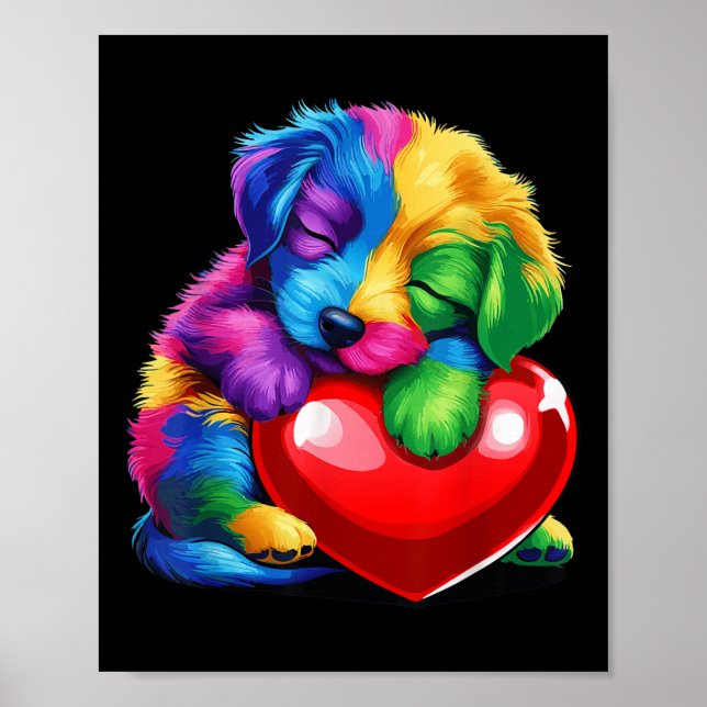 Affiche Cute arc-en-ciel Chiot Accrocher Valentine Coeur E (Devant)