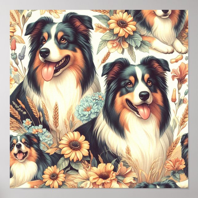 Affiche Cute Australian Shepherd peinture Vintage (Devant)