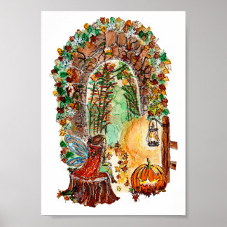 Affiche Cute Autumn Fairy Halloween Watercolor