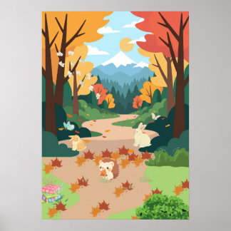 Affiche Cute Autumn Forest Animals Cozy Landscape Art Post