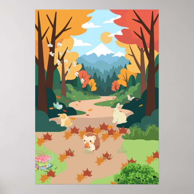 Affiche Cute Autumn Forest Animals Cozy Landscape Art Post (Devant)