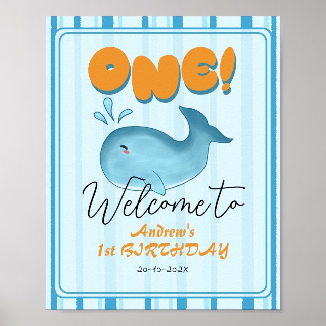 Affiche Cute Baby Blue Whale 1st Birthday Welcome Sign (Devant)
