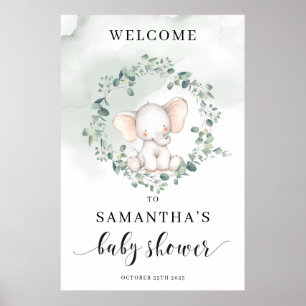 Affiche Cute baby elephant green eucalyptus welcome sign