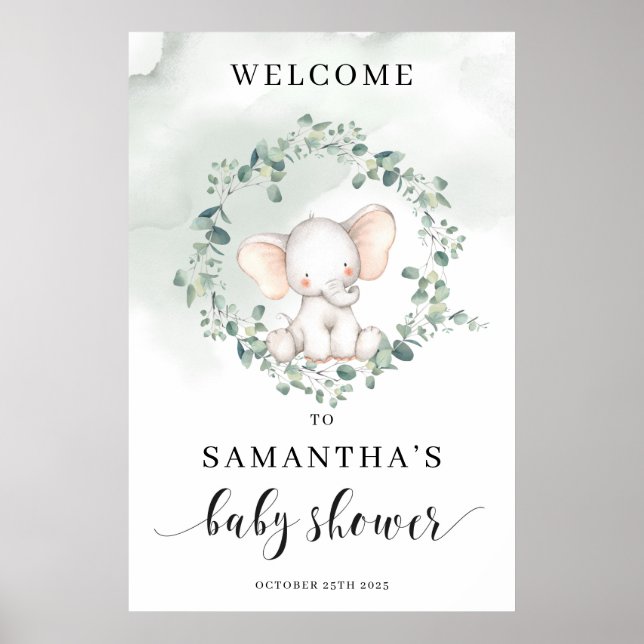 Affiche Cute baby elephant green eucalyptus welcome sign (Devant)