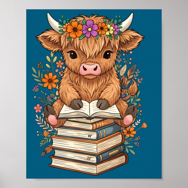 Affiche Cute Baby Highland Cow Reading Book Librarian Book (Devant)