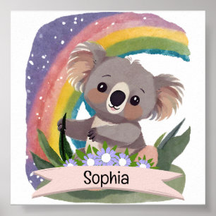Affiche Cute Baby Koala Rainbow Nom personnalisé